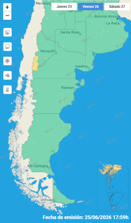 Las alertas emitidas por el SMN para este viernes 26 de junio