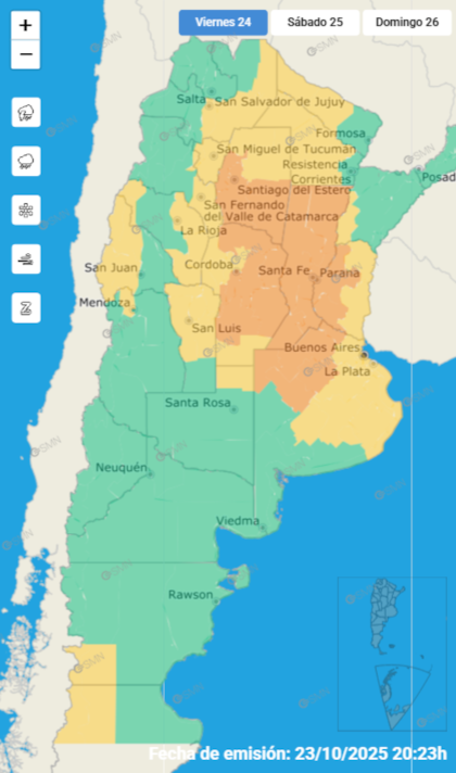 Las alertas emitidas por el SMN para este viernes 24 de octubre