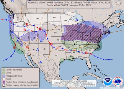 Las alertas meteorológicas del pronóstico del clima en EE.UU. para este miércoles 5 de febrero