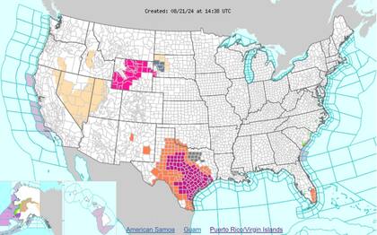 Las alertas por calor excesivo (violeta) y advertencias de calor (naranja) en EE.UU.
