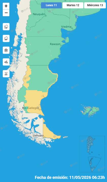 Las alertas por vientos fuertes y nevadas en el sur del país