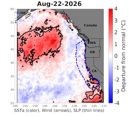 Las anomalías diarias de la temperatura superficial del mar en el ecosistema de la corriente de California