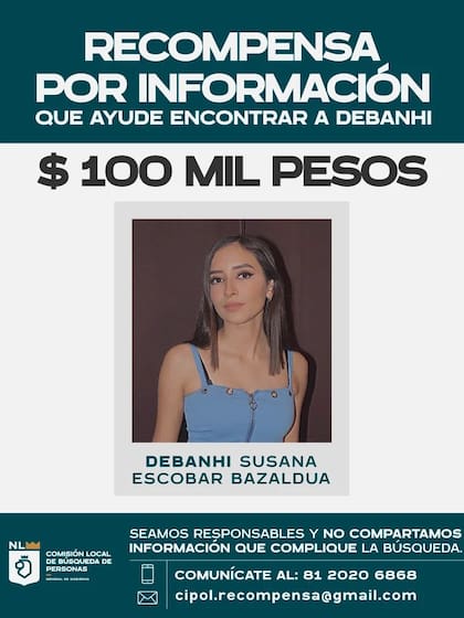Las autoridades de Nuevo León ofrecieron una recompensa equivalente a US$5000 por información acerca de la ubicación de Debanhi Susana Escobar Bazaldúa (Crédito: Comisión Local de Búsqueda de Personas)
