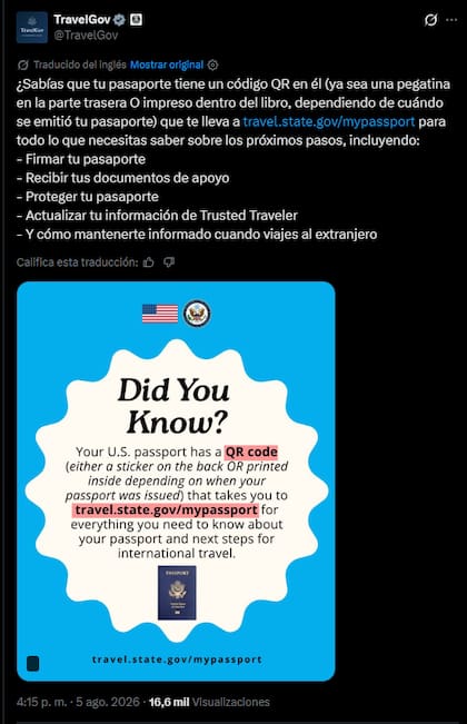 Las autoridades federales de Estados Unidos explicaron en X la utilidad del código QR que se encuentra en la libreta del pasaporte