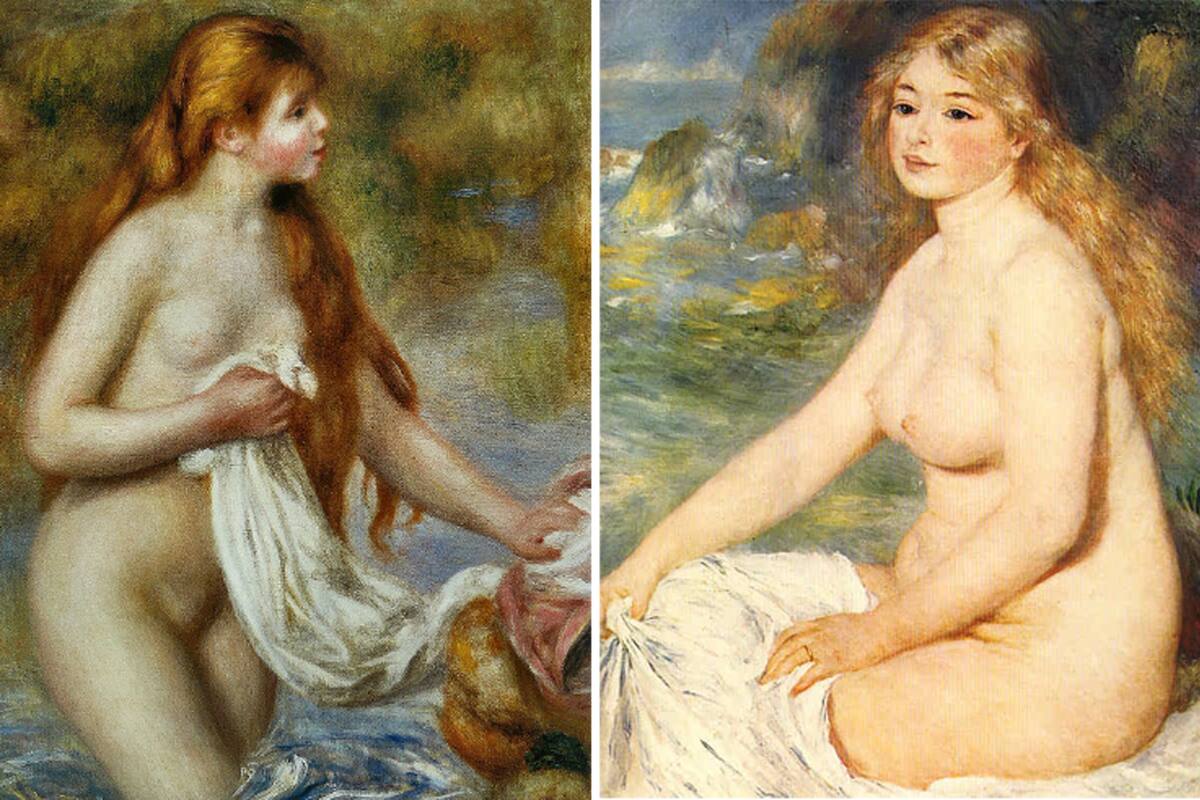 Las bañistas componen una famosa serie de Renoir; en este díptico dos escenas de 1895 y 1897, ambas inspiradas en Aline Charigot, quien fue su esposa y madre de sus tres hijos; los cuadros pertenecen al Museo de L'Orangerie de París y el MET de Nueva York