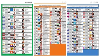 Las boletas en Santa Fe se dividen por categoría y color, y se depositan en diferentes urnas; en la categoría "Diputados provinciales" aparece la foto del primer candidato, junto a los nombres de las tres personas que lo siguen; los 25 candidatos restantes se pueden leer en afiches pegados en los centros de votación