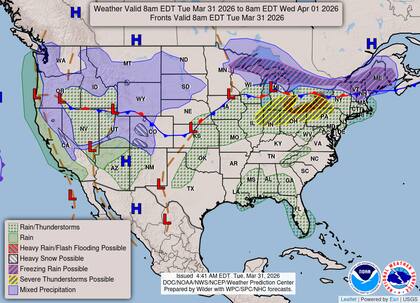 Las condiciones atmosféricas en el valle de Ohio y el sur de Michigan son propicias para el desarrollo de tormentas capaces de producir granizo de gran tamaño y tornados aislados antes del anochecer