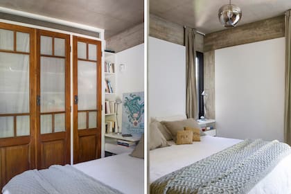 Las cortinas tienen un tono visón que se mimetiza con el del hormigón armado. Las puertas del placard son de cedro y fueron recuperadas de una demolición. Su ancho marcó el del mueble, dejando un resto abierto que se aprovechó como biblioteca.