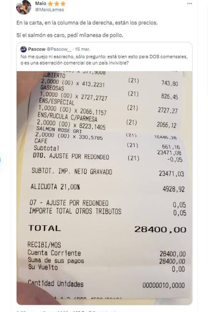 Las críticas al tuitero Pascow pasaron, entre otras cosas, por sorprenderse de un precio que ya estaba en la carta