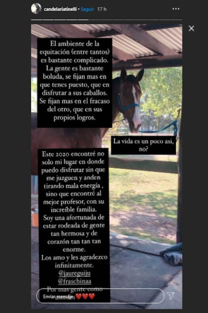 Las críticas de Candelaria Tinelli al ambiente de la equitación y el agradecimiento a su instructor