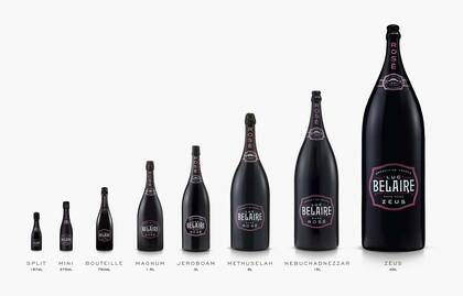 Las diferentes dimensiones de la gama Luc Belaire desde el Belaire Split de 187 ml hasta el enorme Belaire Zeus de 45 litros