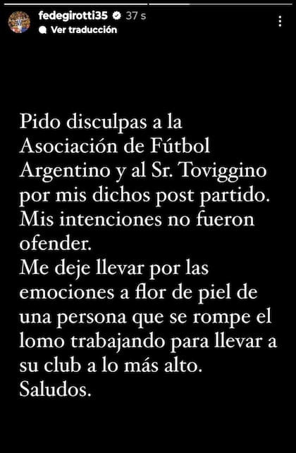 Las disculpas de Federico Girotti tras sus declaraciones contra la AFA luego del partido entre Talleres e Independiente