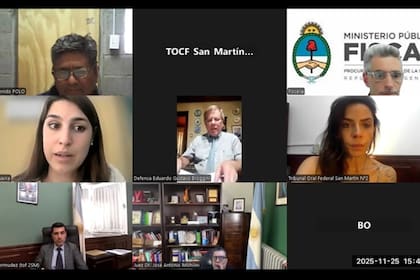 Las distintas partes intervinientes en el juicio, que se desarrolló de forma virtual; arriba, a la izquierda, el acusado