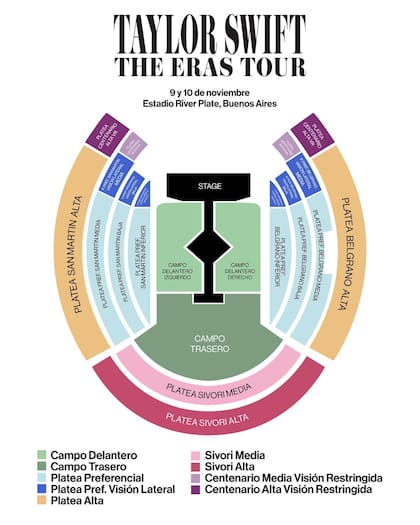 Las distintas ubicaciones para los shows de Taylor Swift en el estadio Monumental el 9, 10 y 11 de noviembre