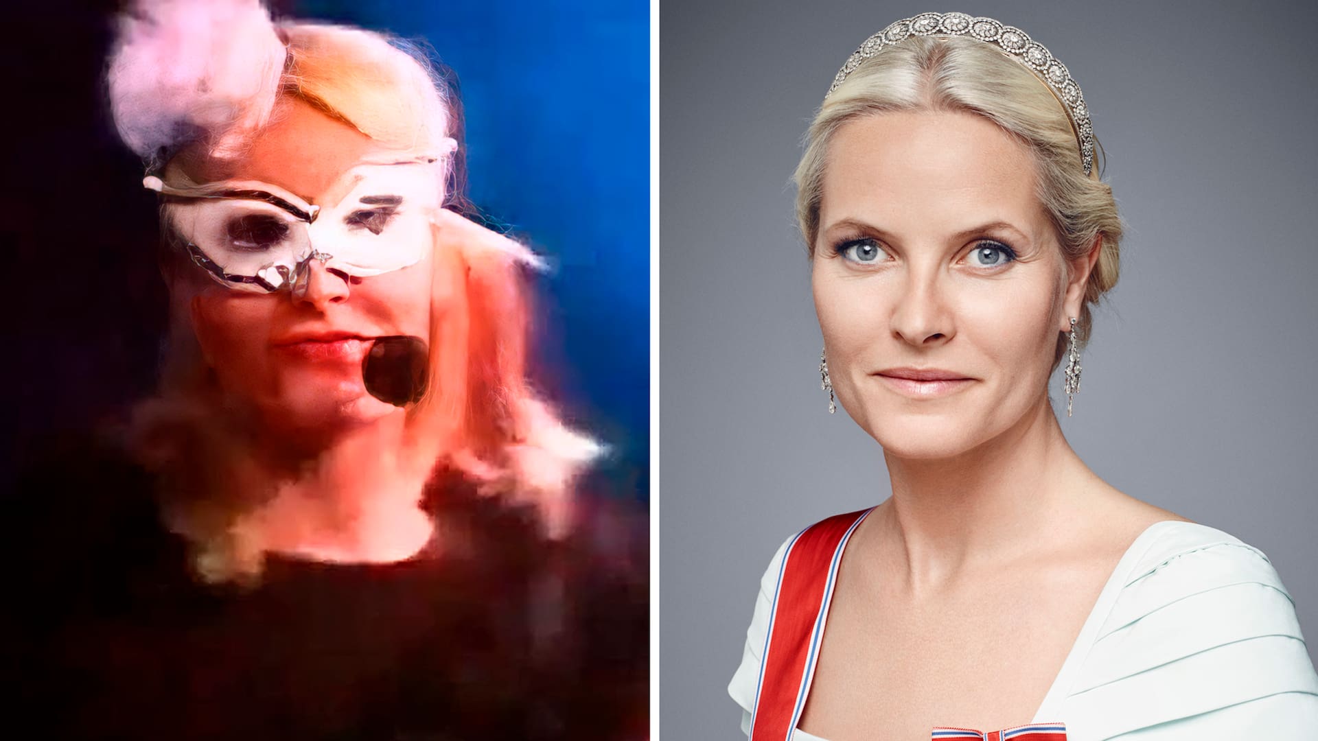 Las dos caras de Mette-Marit: con antifaz, en "La casa del placer" y un retrato oficial, ya como Su Alteza Real, princesa de Noruega.