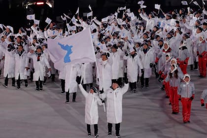 Las dos delegaciones de Corea mostraron la bandera de una unificación coreana