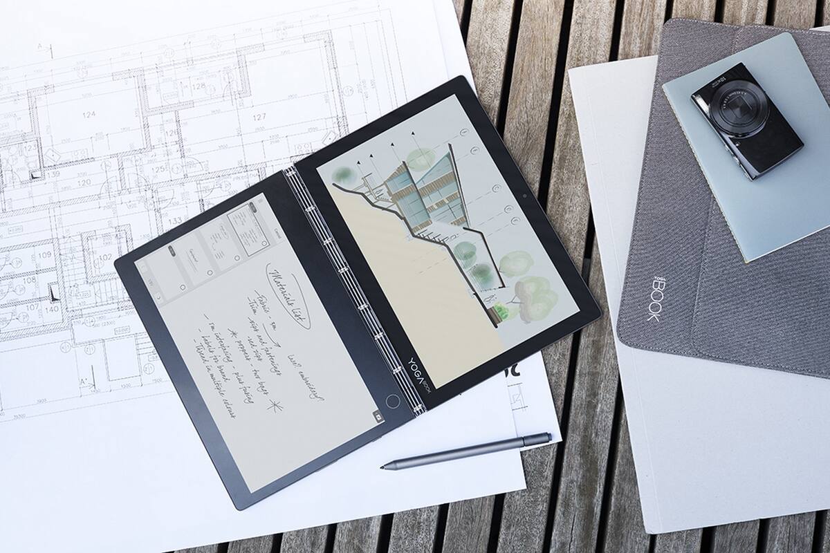 Las dos pantallas de la nueva Lenovo Yoga Book, donde se destaca el renovado panel con la tecnología de tinta electrónica