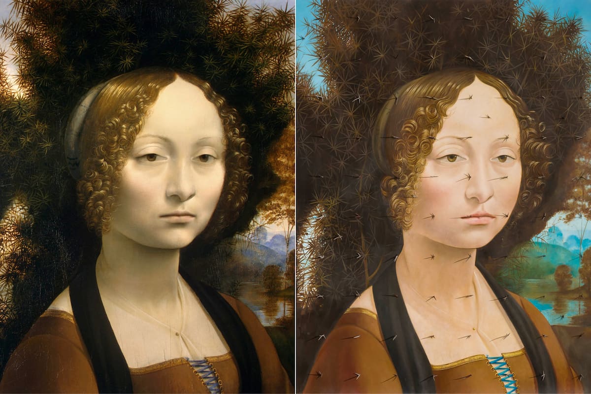 Las dos versiones de "Retrato de Ginevra Benci"; la primera, de Leonardo da Vinci, ve en la National Gallery de Washington, y la segunda es de La Rosa, con espinas de acacias, en Muntref