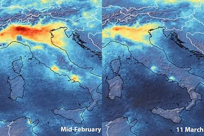 Las emisiones de dióxido de nitrógeno (más rojo en el mapa a mayor concentración) se han reducido en el norte de Italia entre mediados de febrero y el 11 de marzo (última fecha facilitada hasta ahora por el satélite Sentinel-5P) coincidiendo con las medidas frente al coronavirus. / ESA/Copernicus