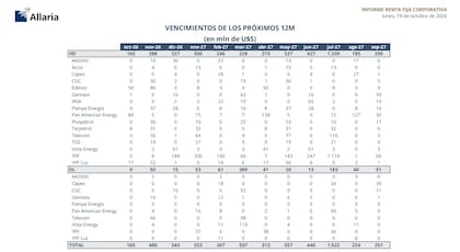 Las empresas relevadas por Allaria afrontan vencimientos por unos US$5700 millones hasta septiembre de 2027, entre deuda pagadera en dólares y títulos vinculados al tipo de cambio.