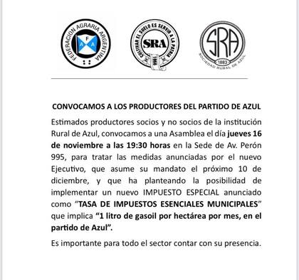 Las entidades rurales de Azul convocaron a una asamblea para el próximo jueves