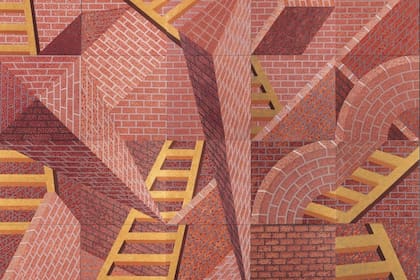Las escaleras doradas (políptico), 1997, obra de Edgardo Giménez incluida en la muestra "Laberintos", en Fundación Proa