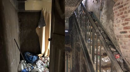Las escaleras que conducen al segundo piso, en total estado de abandono