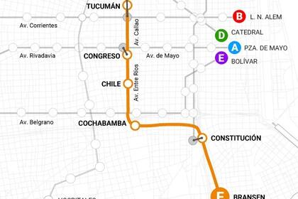 Las estaciones que se prevén para la traza total de la nueva línea F de subte