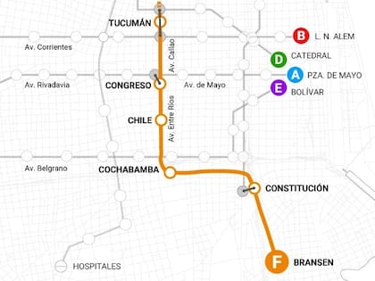 Las estaciones que se prevén para la traza total de la nueva línea F de subte