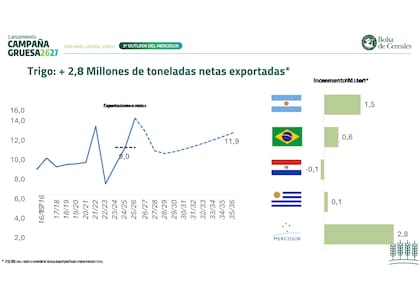Las exportaciones netas de trigo del Mercosur aumentarían 2,8 millones de toneladas; la Argentina explicaría 1,5 millones de ese crecimiento