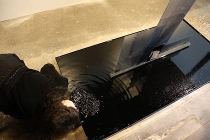 Las fotografías de Carolina Magnin, impresas sobre vidrio, se alzan sobre una pileta de tinta negra