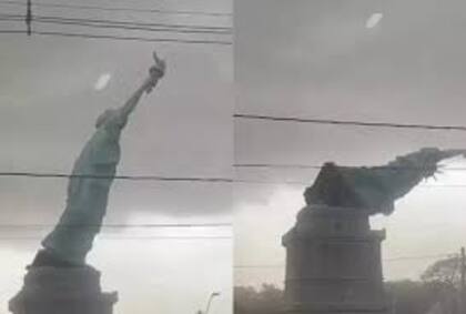 Las fotos de la caída de la réplica de la Estatua de la Libertad