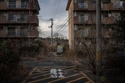 Las hierbas crecen en un complejo de apartamentos aún abandonado en Futuba, la ciudad más cercana al lugar de la fusión nuclear en la prefectura japonesa de Fukushima, 4 de marzo de 2021