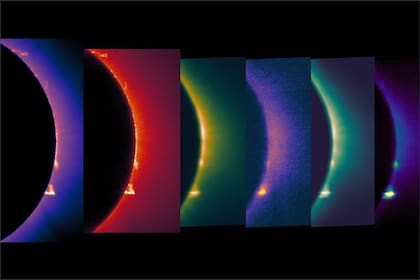 Las imágenes de la corona y las protuberancias solares que fueron tomadas en diferentes longitudes de onda de luz visible e infrarroja por cámaras a bordo de un avión WB-57 de la NASA el 8 de abril de 2024