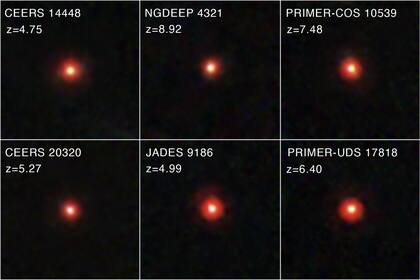 Las imágenes del instrumento NIRCam muestran puntos diminutos con un núcleo brillante rodeado por un halo rojizo