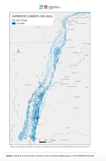 Las imágenes del INTA muestran una mayor extensión de la superficie con agua libre en distintos sectores de Corrientes; el azul oscuro corresponde a octubre y el celeste, a septiembre
