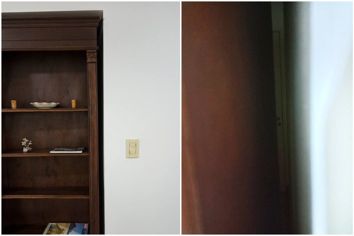 Las imágenes del mueble del que provenían los ruidos, que compartió la joven en Twitter y lo que se veía detrás del mueble. Créditos: @celesbzan
