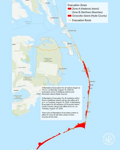 Las inundaciones podrían afectar tramos vulnerables de la Carretera 12 de Carolina del Norte en la Isla Hatteras en la tarde de este 20 de agosto
