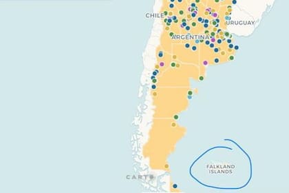 Las islas Malvinas marcadas como las Falklands Islands
