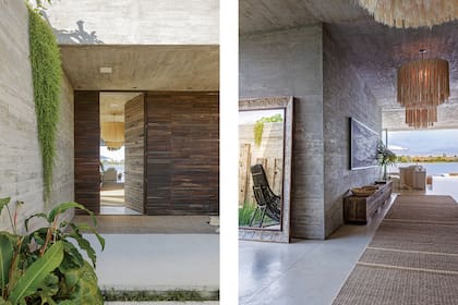 Las lámparas colgantes de rafia (showroom de Shilton-Stefani Arquitectos) sobre la alfombra crean un efecto escenográfico.Acompañan foto de Gonzalo Lauda impresa sobre canvas y banco de lapacho antiguo de 4,6 m hecho a pedido (Pablo Ledesma).