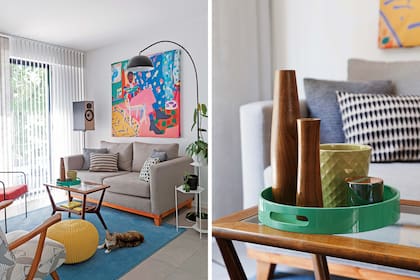 Las líneas angostas de varios muebles del living ayudan a que no se vea –ni se sienta– recargado. Además, la cortina de bandas giratorias va más allá de la ventana. “Aliviana la pared y proyecta teatralidad”.