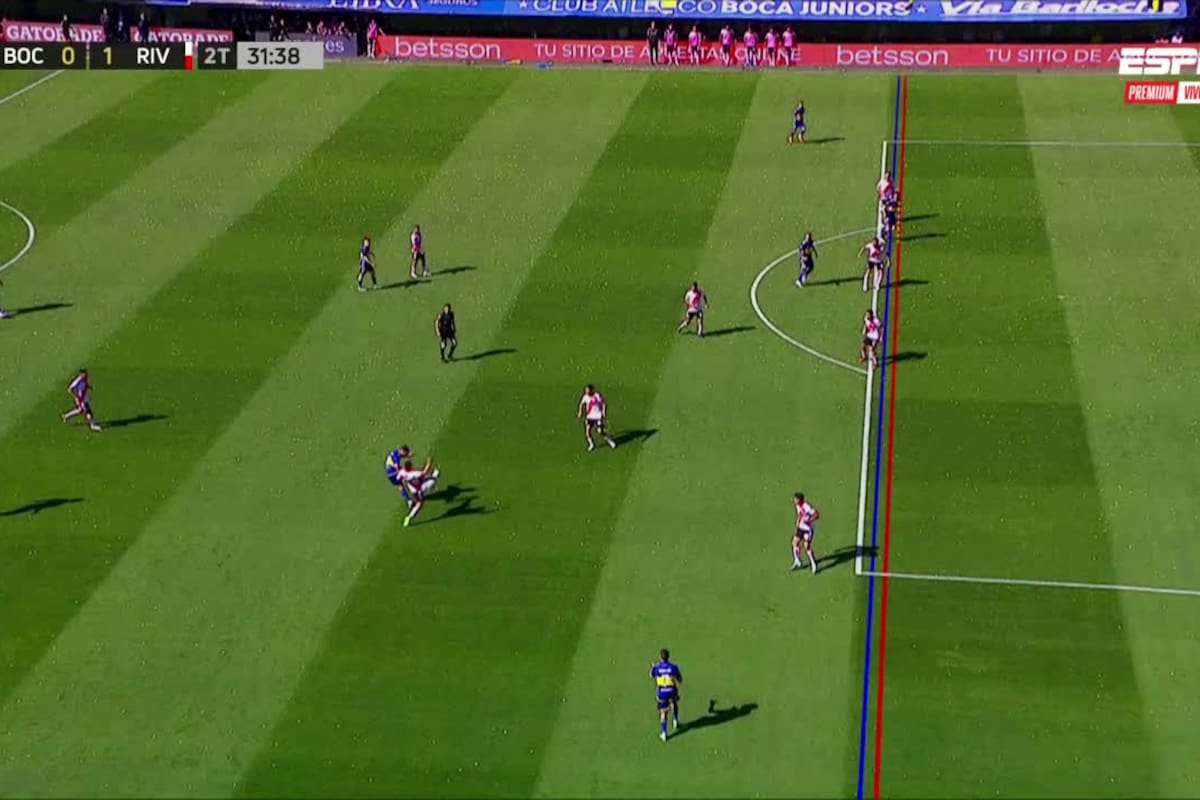 Las líneas que trazó el VAR y determinaron el offside de Cavani