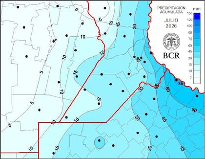 Las lluvias de julio tuvieron una distribución muy desigual en la región núcleo: mientras el oeste recibió pocos milímetros, en sectores del este los acumulados llegaron a triplicar el promedio mensual, de acuerdo con la BCR
