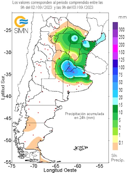 Las lluvias de las últimas 24 horas, según el SMN