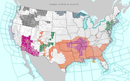Las marcas térmicas oscilarán entre los 90°F y 99°F (32°C a 37°C), y superarán los 100°F (38°C) en sectores de Texas, Oklahoma y el valle del Mississippi