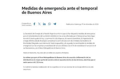 Las "medidas de emergencia" dispuestas por el Ejecutivo y comunicadas a través de un escrito que difundió la Secretaría de Energía