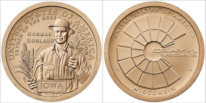 Las monedas muestran al Dr. Norman Borlaug y la supercomputadora Cray-1