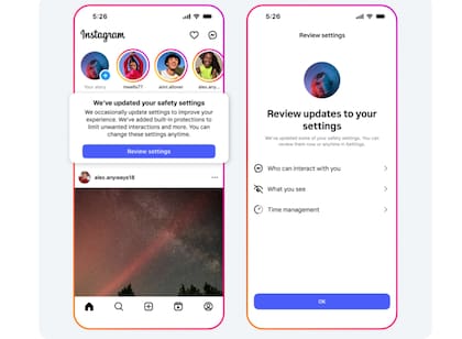 Las notificaciones que le aparecen al ususario cuando opera bajo las restricciones del Teen Account. Crédito: Meta.