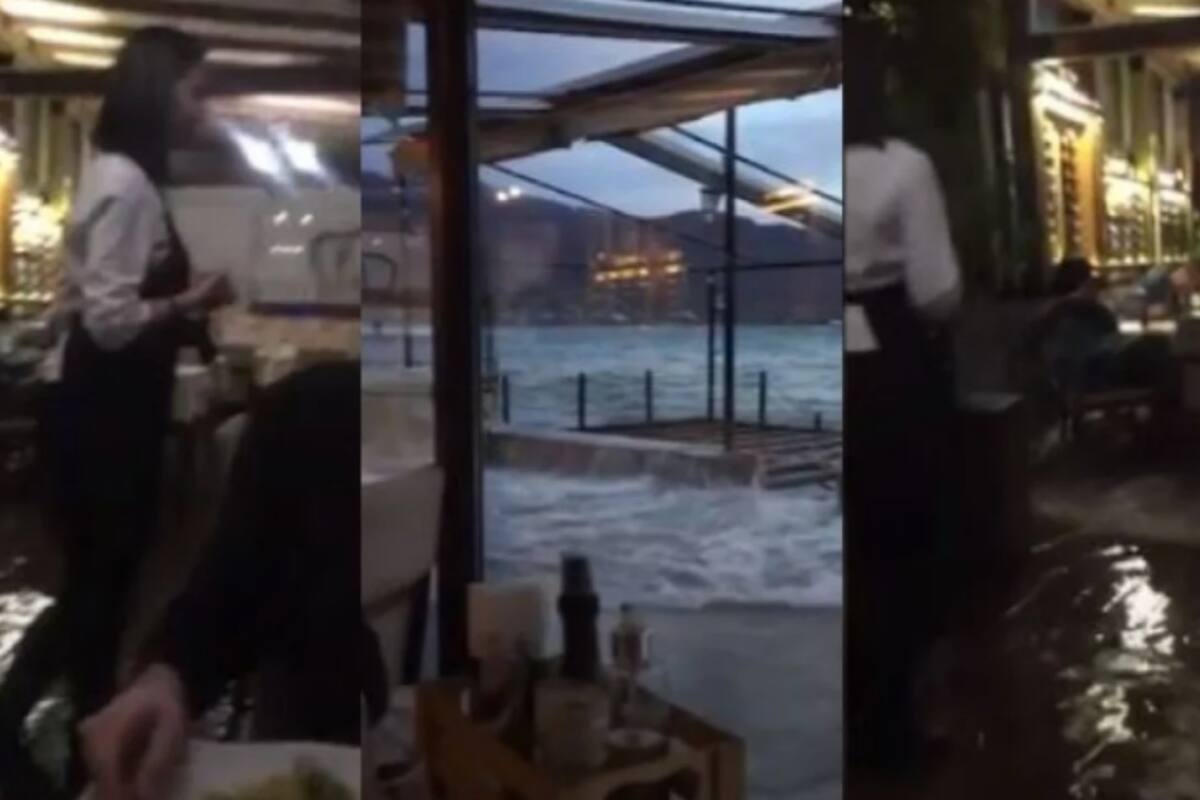 Las olas fueron tan fuertes que el agua del lado ingresó al restaurante. Fuente: YouTube