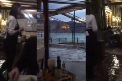 Las olas fueron tan fuertes que el agua del lado ingresó al restaurante. Fuente: YouTube